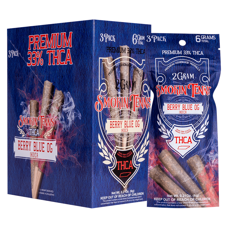 Smokin Tenns Preroll 3pk 2g - Berry Blue OG THCA (8ct Shipper)