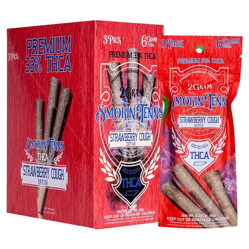 Smokin Tenns Preroll 3pk 2g - Strawberry Cough THCA (8ct Shipper)